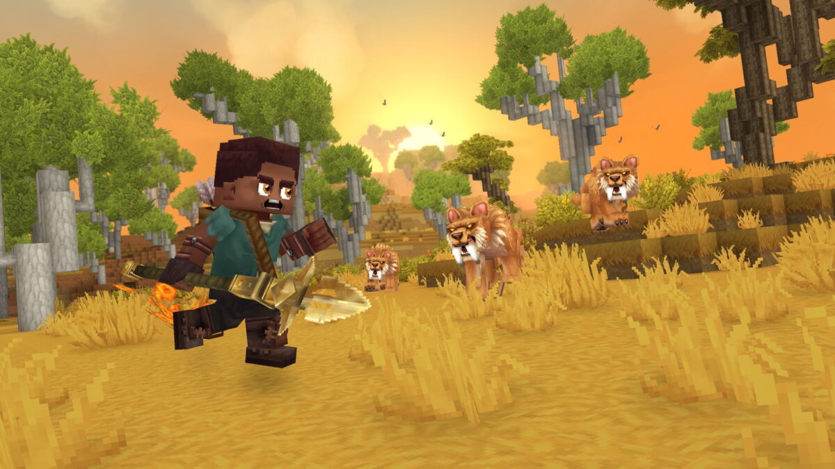Un aperçu de la savane dans Hytale, où un aventurier tente d’échapper à une meute de tigres à dents de sabre.