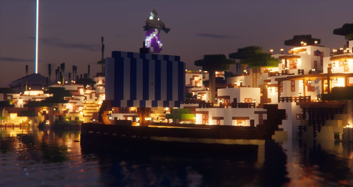 Navire à voile bleue amarré devant les maisons de la Greek City map Minecraft, avec une statue visible en arrière-plan.