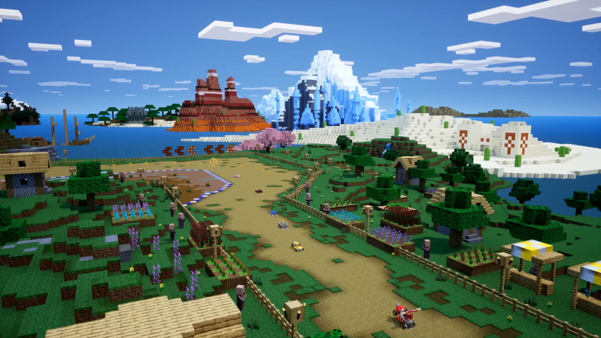 Circuit de course inspiré de Minecraft avec plusieurs biomes et villages dans Sonic Racing CrossWorlds