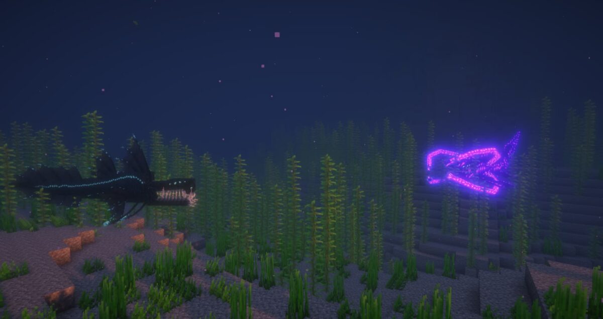 modpack Minecraft MC Eternal 2 avec deux monstres aquatiques titanesques s’affrontant dans les abysses marins