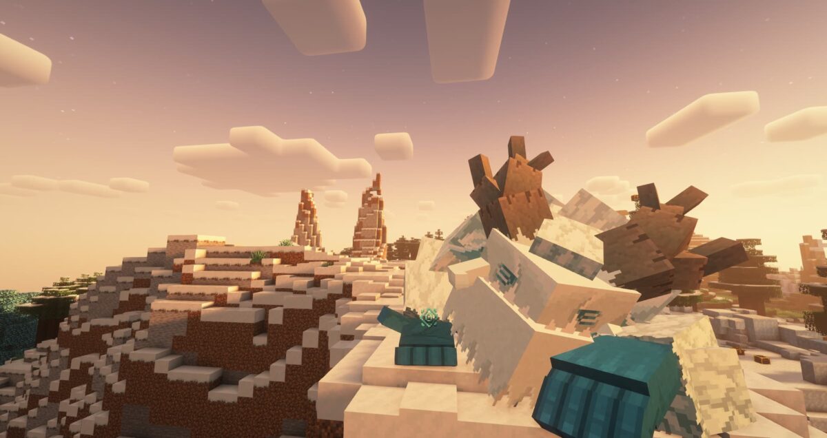modpack Minecraft MC Eternal 2 avec une créature géante figée dans la neige sur un sommet enneigé