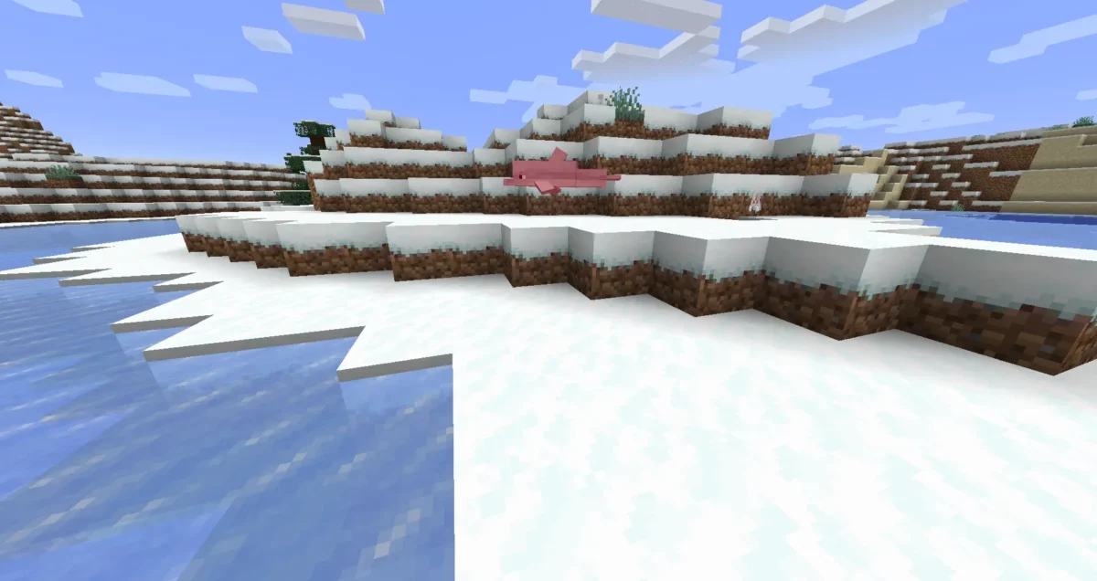 Un dauphin échoué sur la neige en train de suffoquer, loin de toute étendue d’eau, dans Minecraft