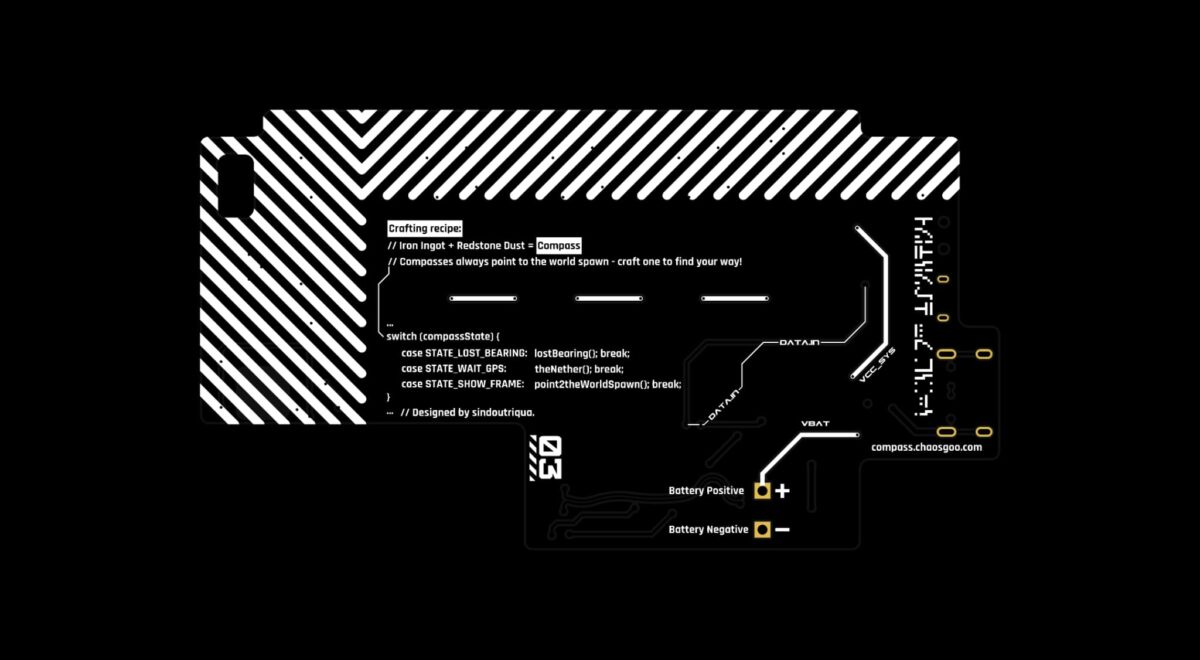 Dos du circuit imprimé de la boussole Minecraft avec la recette de fabrication imprimée et des extraits de code