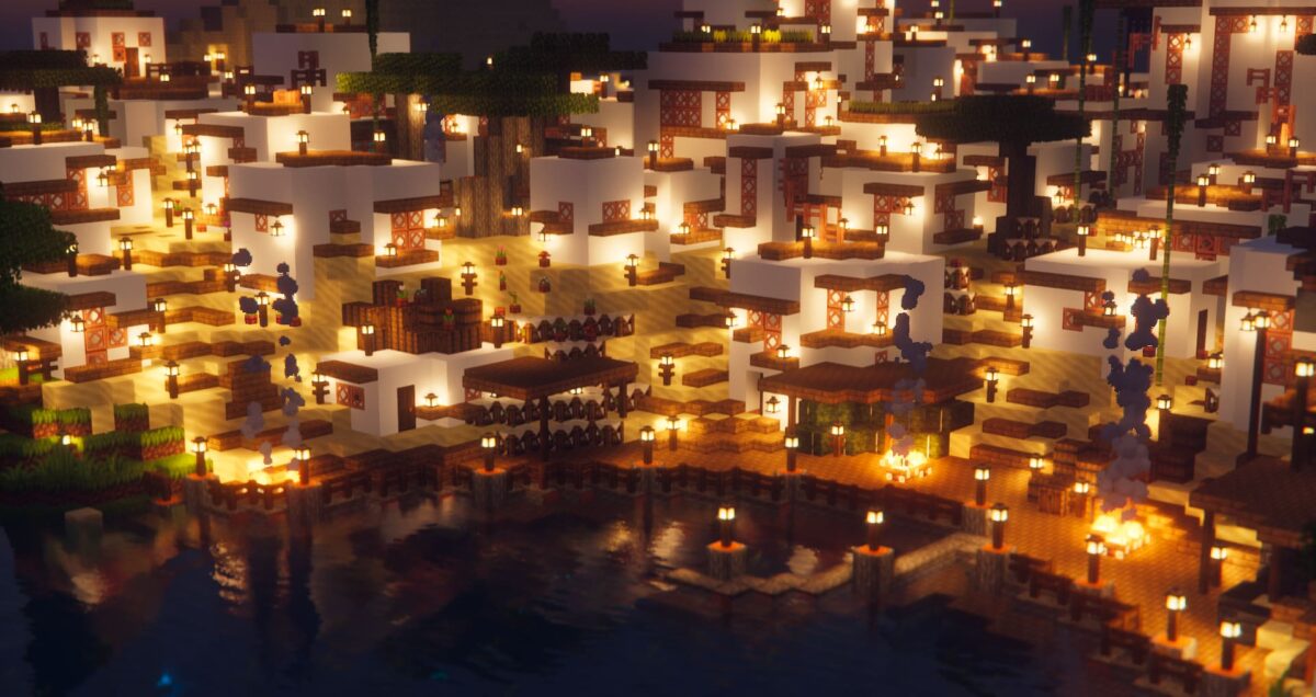 escaliers illuminés et terrasses végétalisées au sein de la Greek City map Minecraft, au bord de l’eau.