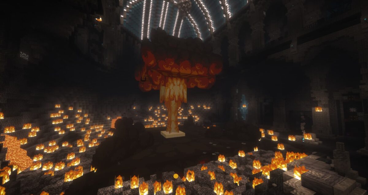 explosion nucléaire dans le modpack Minecraft MC Eternal 2 avec un champignon atomique illuminant une salle souterraine