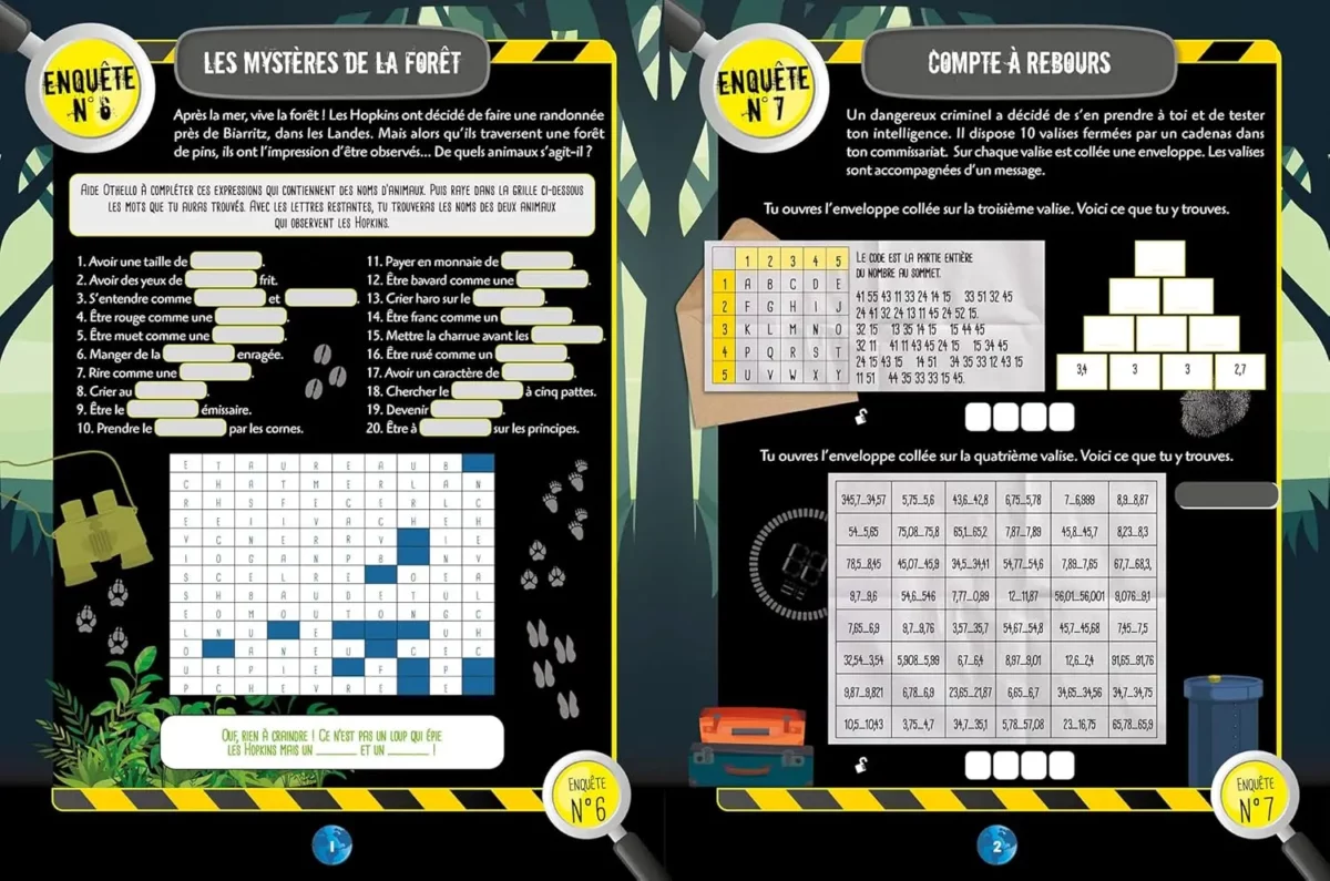 Double page du cahier de vacances Minecraft avec deux enquêtes ludiques sur la forêt et un défi de logique mathématique