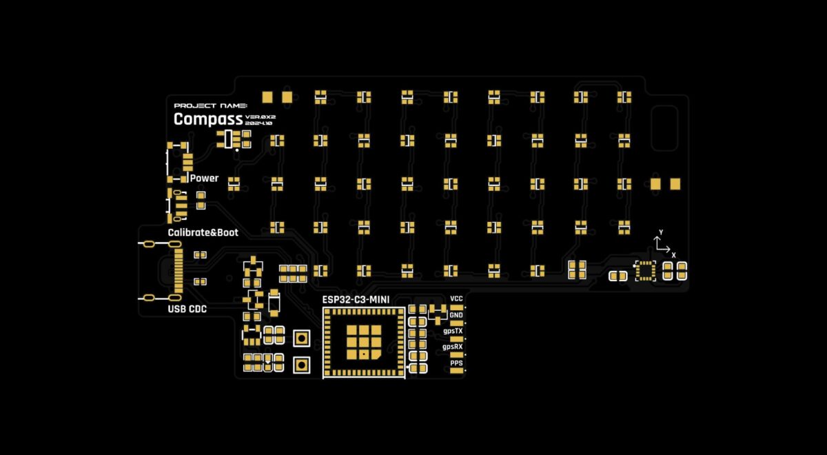 Face avant du circuit imprimé de la boussole Minecraft, avec puce ESP32-C3-MINI et matrice de LED RGB
