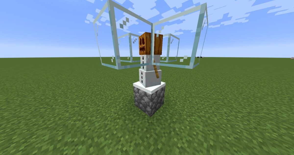 Ferme à neige minimaliste dans Minecraft, avec un golem de neige placé sur de la roche et entouré de blocs de verre