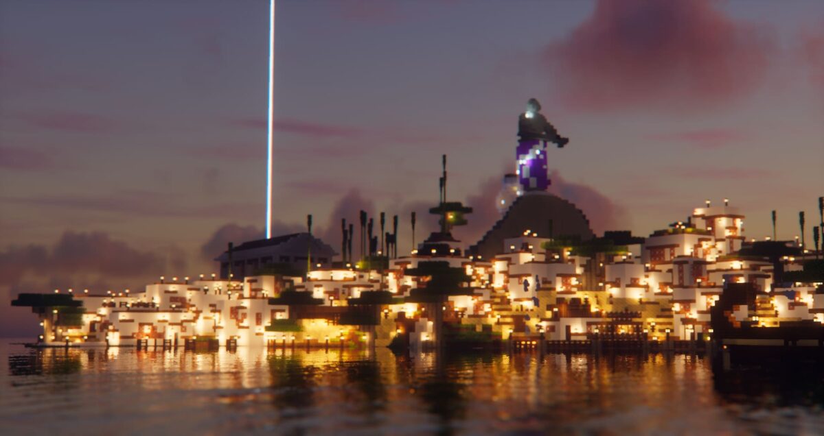 Vue d’ensemble de la Greek City map Minecraft au crépuscule, avec ses maisons blanches éclairées et une grande statue dominant la ville depuis une colline.