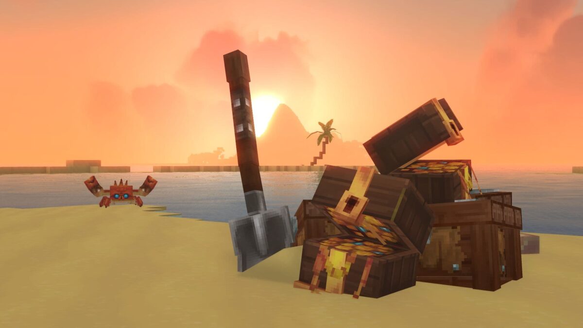 Des coffres débordants et une pelle plantée dans le sable au coucher du soleil dans Hytale, image métaphorique d’un projet aux promesses excessives