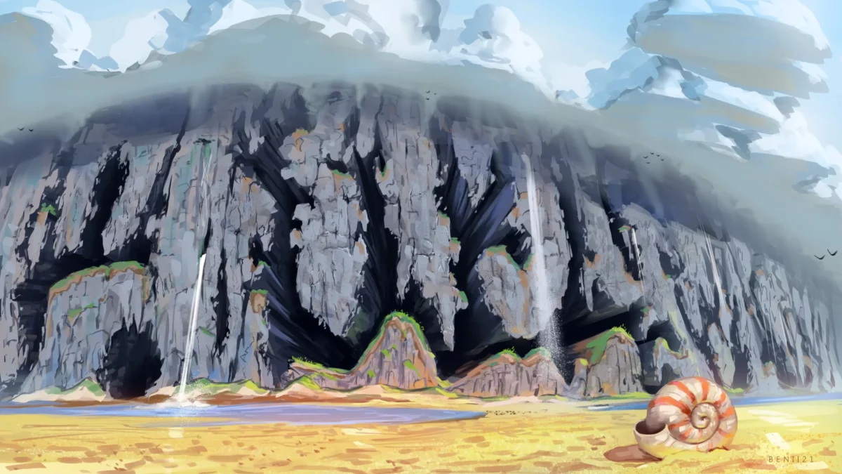 Illustration des Far Lands dans Minecraft, avec des falaises fracturées, des cavernes profondes et un coquillage posé sur le sable