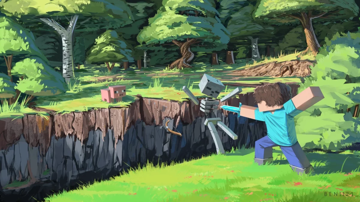 Combat entre Steve et un squelette au bord d’un ravin dans une forêt de Minecraft