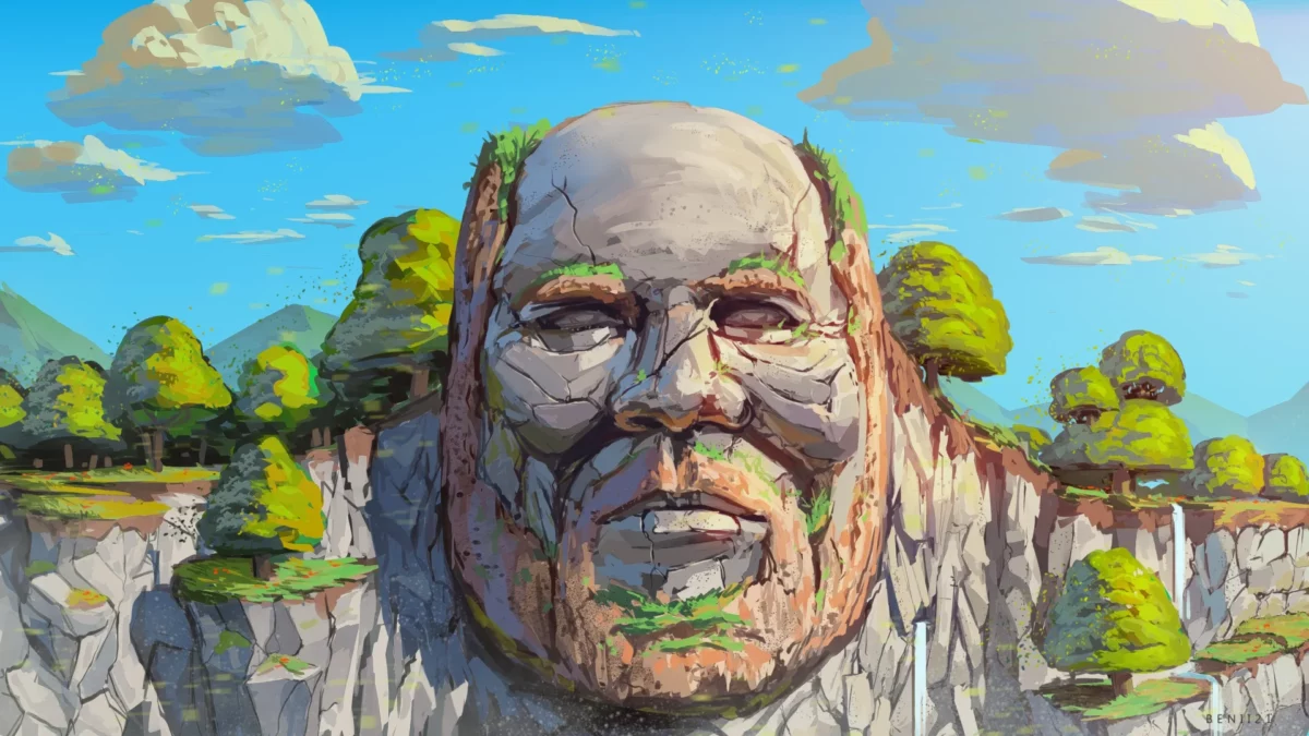 Reproduction artistique du Temple of Notch dans Minecraft, avec un visage géant sculpté dans une falaise