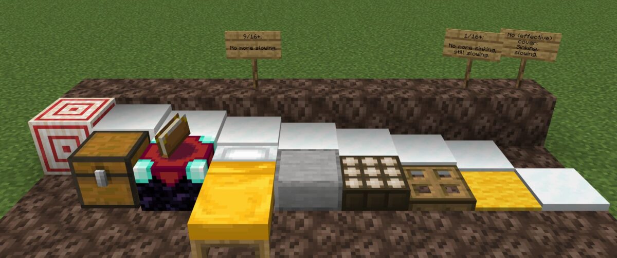 comparaison des effets de ralentissement et d’enfoncement du sable des âmes selon l’épaisseur du bloc placé au-dessus Minecraft