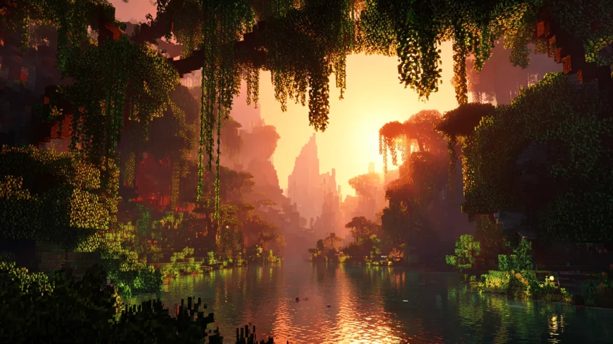 Paysage Minecraft avec une jungle dense et une rivière calme au coucher du soleil, mettant en valeur les effets de lumière de la mise à jour Vibrant Visuals.