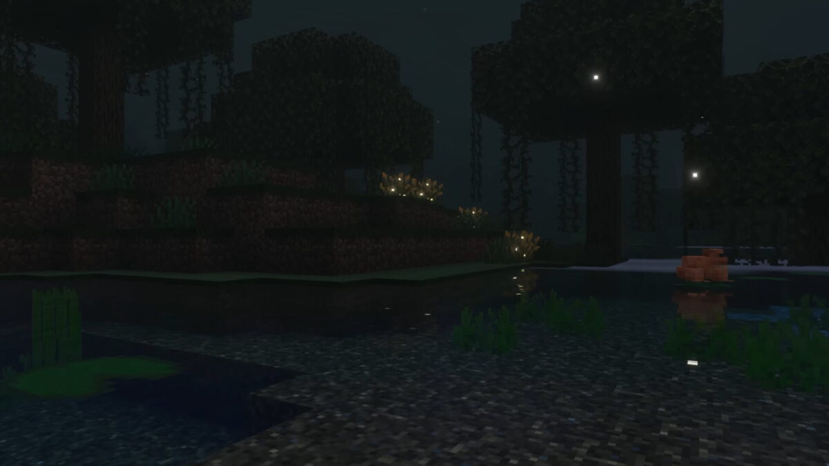Minecraft avec Vibrant Visuals activé, grenouille au bord d’un marais éclairé par des végétaux lumineux