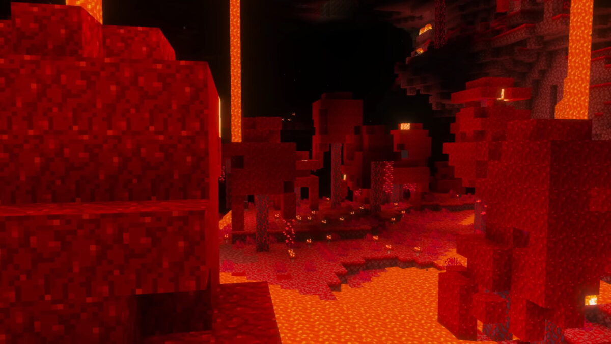 Minecraft avec Vibrant Visuals activé, végétation rougeoyante dans une forêt du Nether