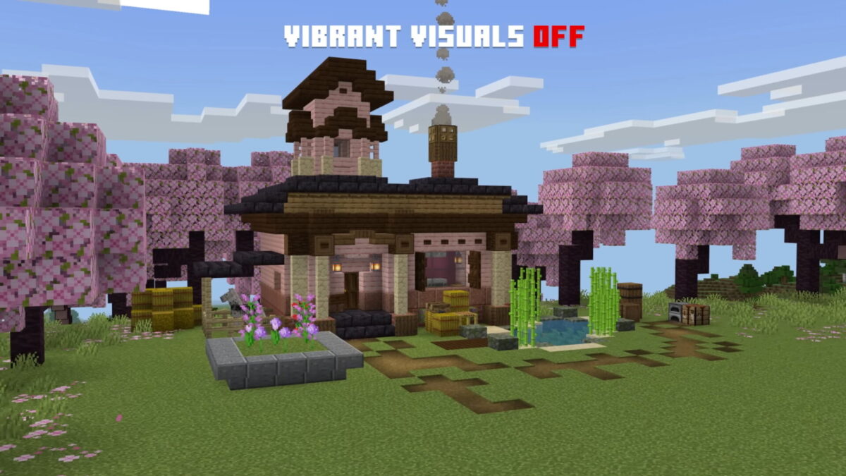 Comparatif graphique de Minecraft sans Vibrant Visuals, avec une maison entourée de cerisiers