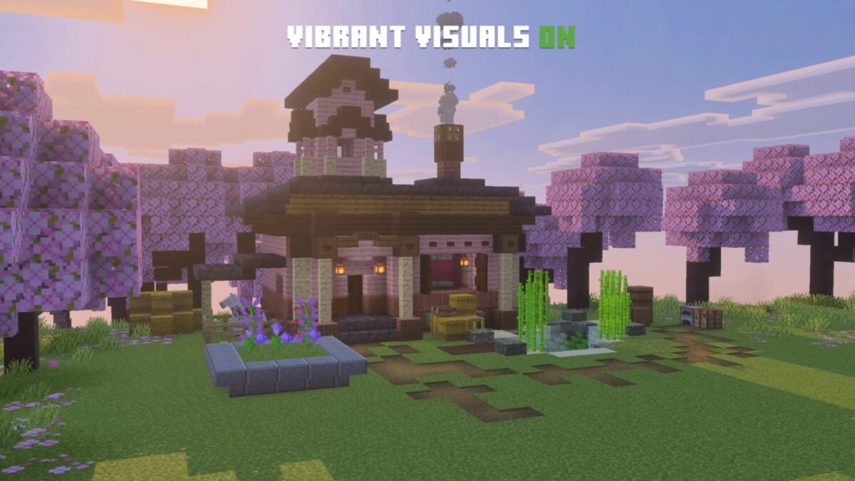 Comparatif graphique de Minecraft avec Vibrant Visuals activé, mettant en valeur les reflets et la lumière