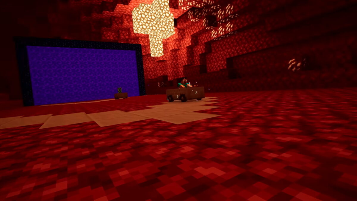 Steve de Minecraft en kart dans une zone inspirée du Nether avec un portail actif dans Sonic Racing CrossWorlds