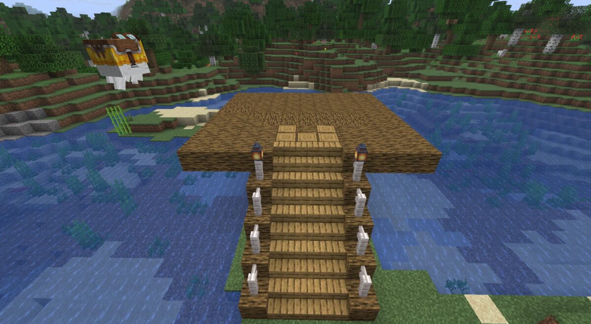 Plateforme suspendue en bois dans Minecraft, construite au sommet d’un escalier pour station de ghasts joyeux.