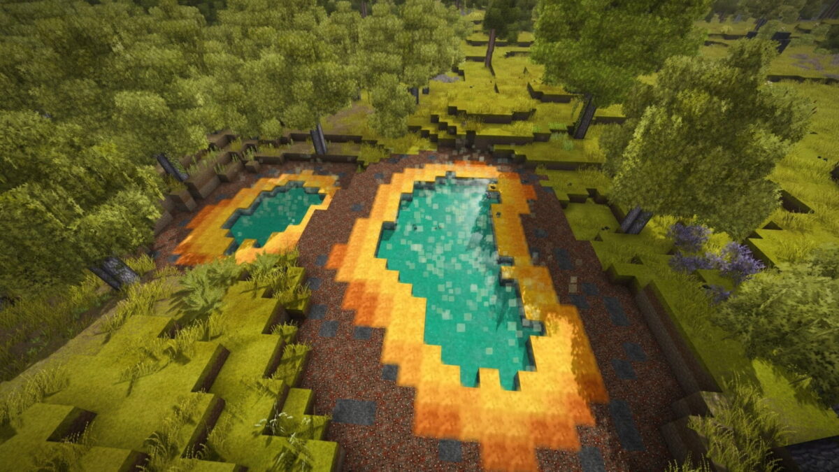 Vue aérienne de sources chaudes aux reflets turquoise dans un biome forestier réaliste du jeu Vintage Story.