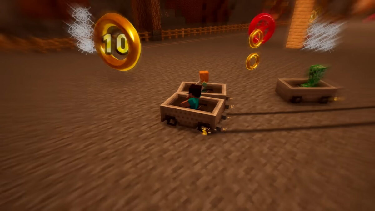 Course entre Steve, Alex et un Creeper dans des minecarts sur un circuit avec des anneaux dans Sonic Racing CrossWorlds