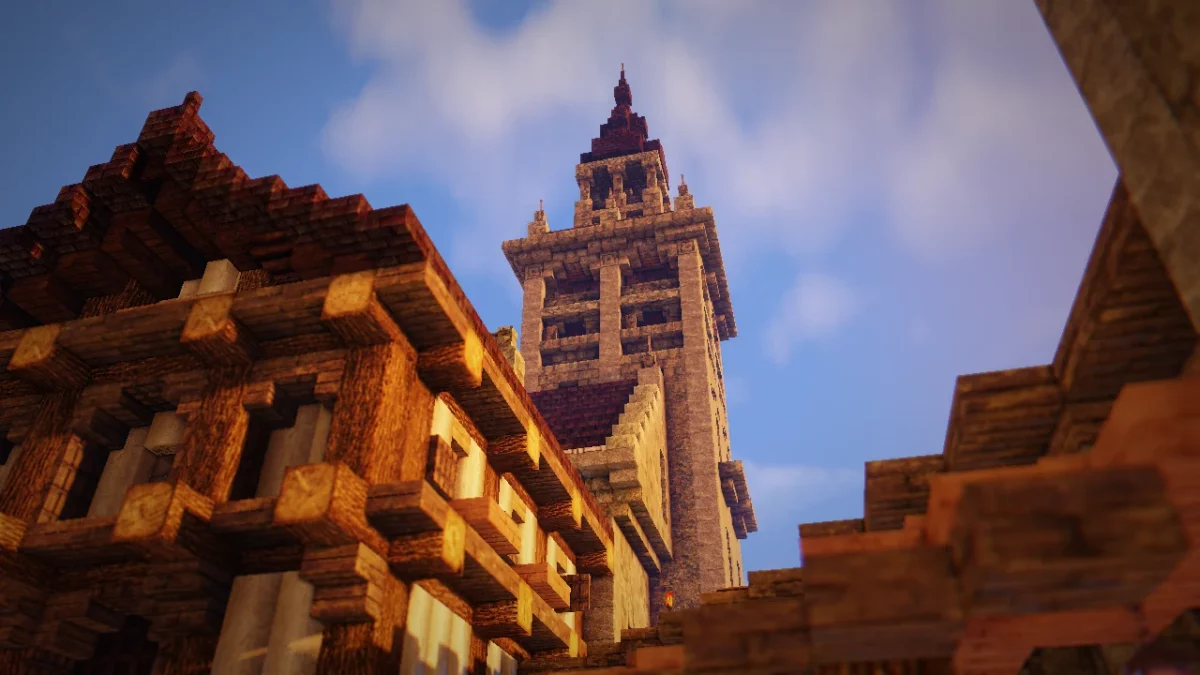 Vue en contre-plongée d'une tour en pierre et toits en bois dans Minecraft, éclairée par une lumière chaude du matin avec le shader RedHat.