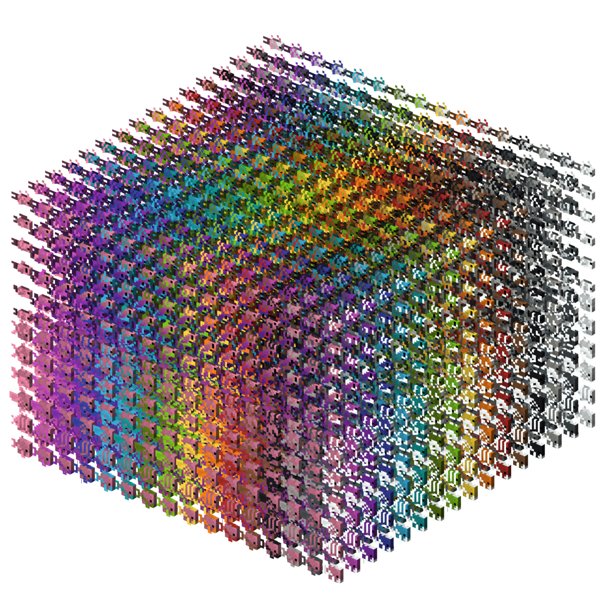 toutes les variantes de poisson tropical minecraft organisées par couleur motif et forme dans un cube tridimensionnel
