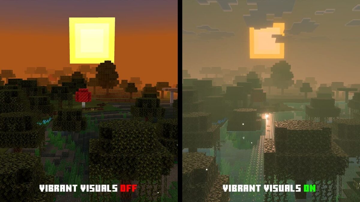 Vue comparée d’un marais dans Minecraft, sans puis avec Vibrant Visuals activé, illustrant la différence de rendu.