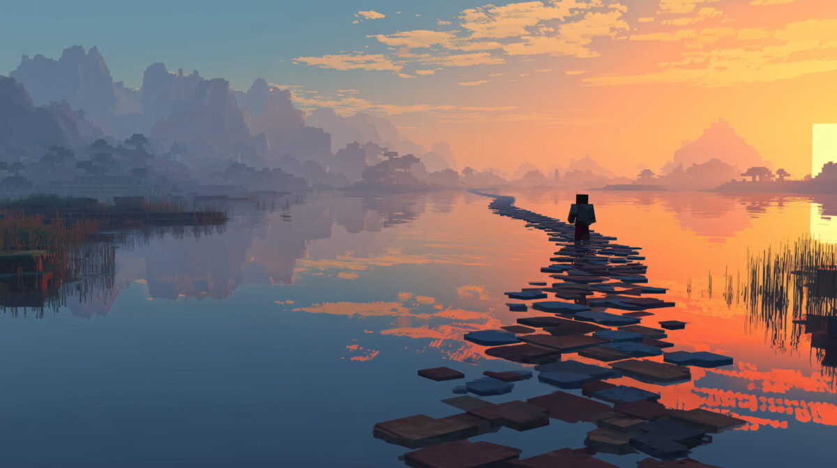 Personnage de Minecraft traversant un lac au coucher du soleil sur un chemin de blocs.