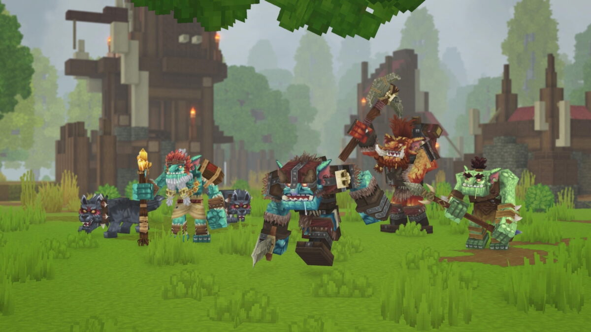 Trorks armés en position d’attaque dans Hytale, devant une structure en bois au cœur d’une forêt.