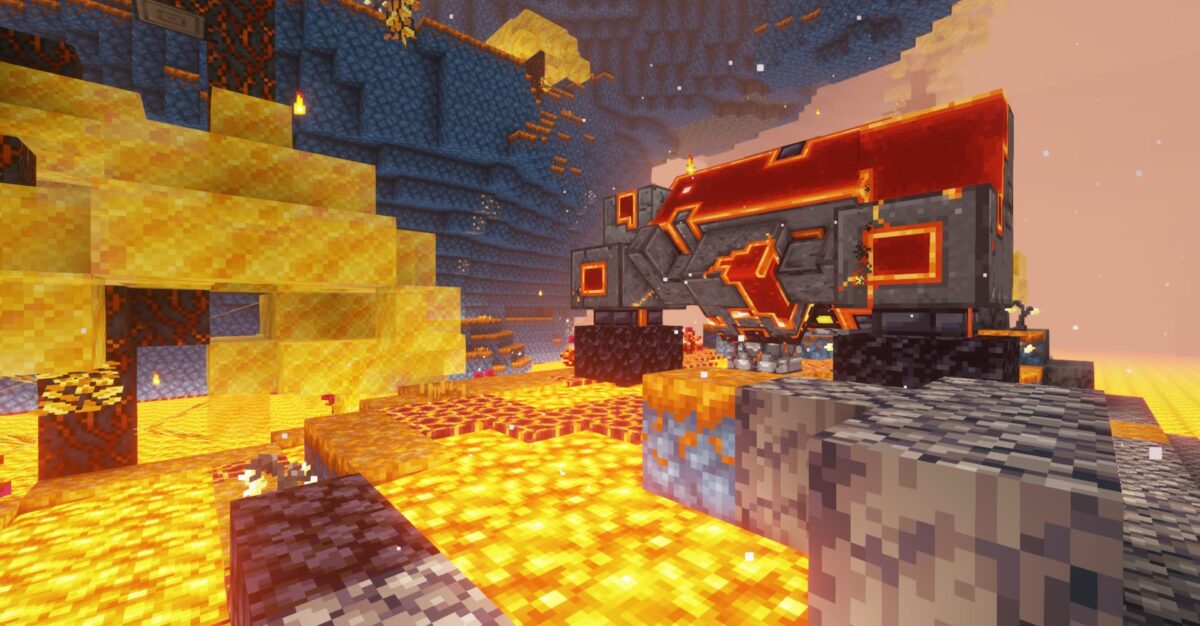 modpack Minecraft MC Eternal 2 avec un environnement du Nether rempli de lave, d’or et de machines industrielles
