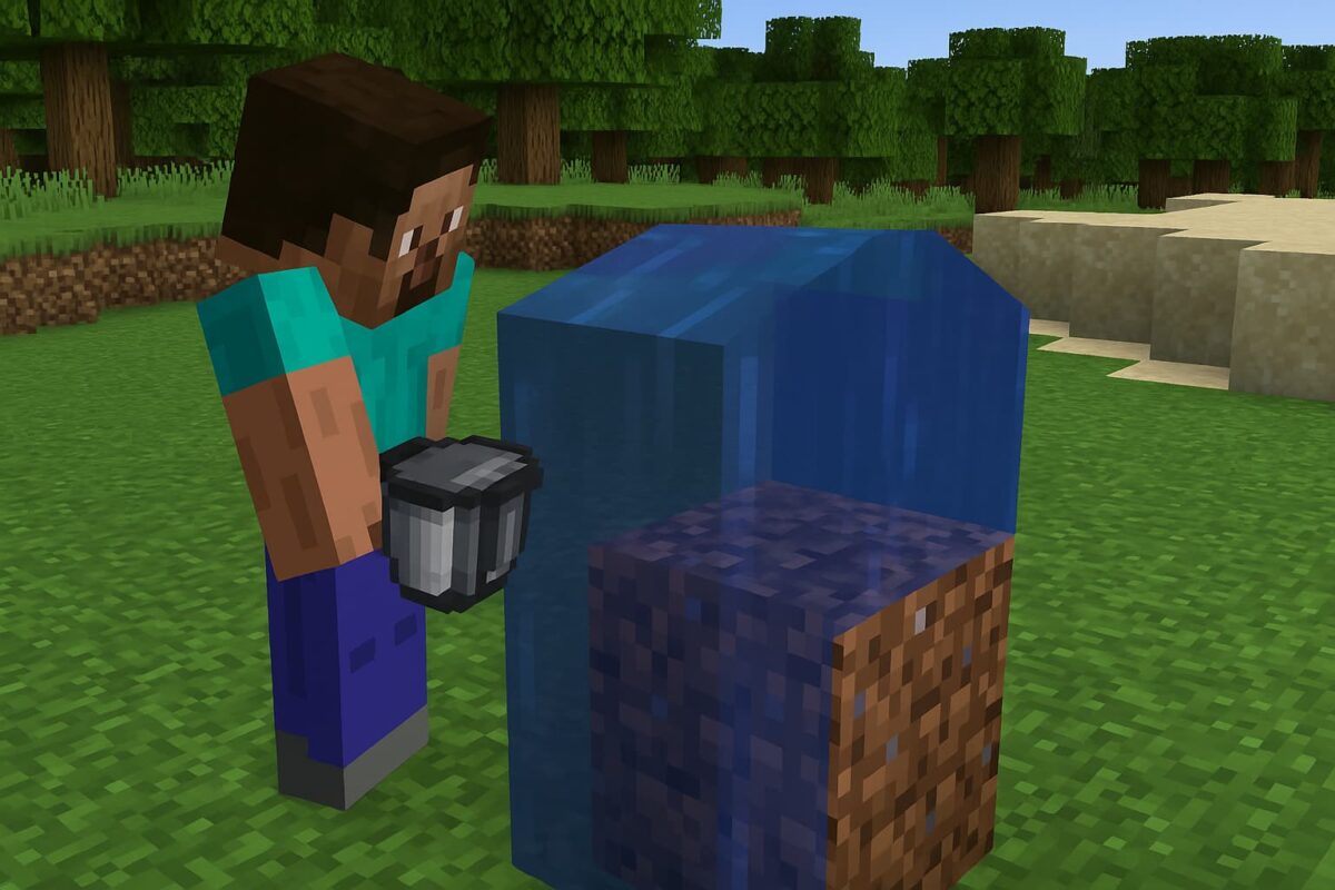 Un personnage de Minecraft place un bloc d’eau contre un bloc de terre à l’aide d’un seau.