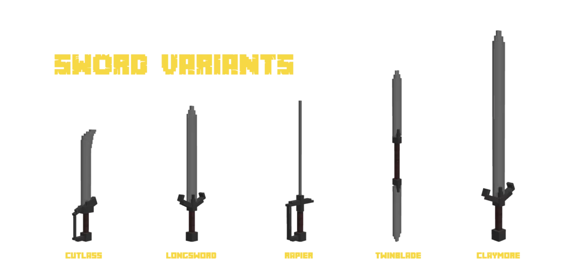 mod Minecraft Simply Swords variantes d’épées en 3D avec cutlass, longsword, rapier, twinblade et claymore