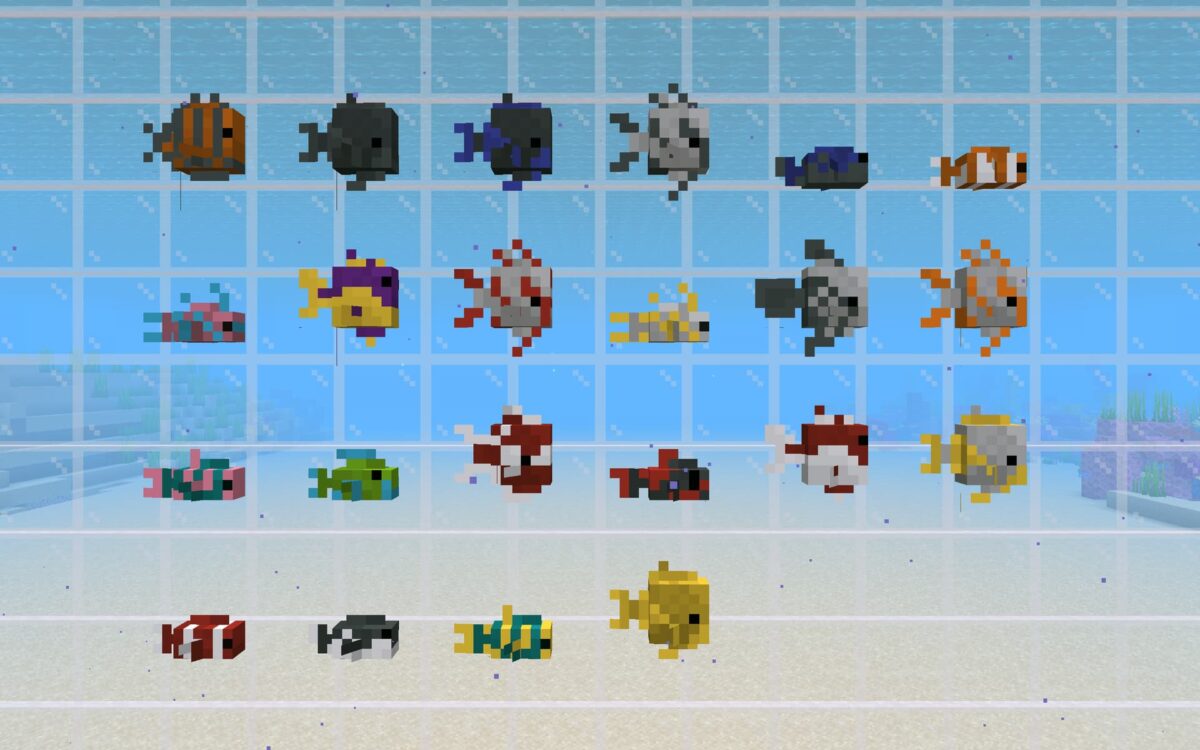 22 variantes de poissons tropicaux minecraft version java présentées dans un aquarium sous-marin avec différentes couleurs motifs et formes