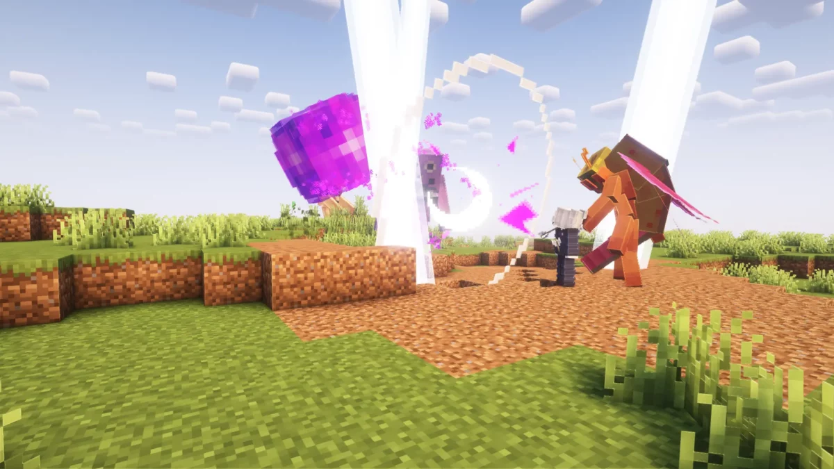 Utilisation de la technique Hollow Purple dans le mod ProjectJJK pour Minecraft, lors d’un affrontement contre plusieurs esprits maudits.