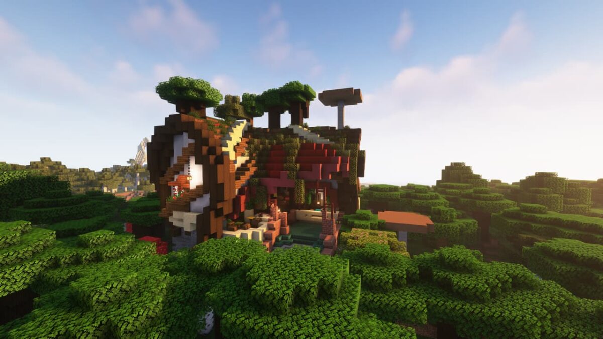 Maison végétale partiellement creusée dans une colline boisée, structure du mod When Dungeons Arise pour Minecraft.