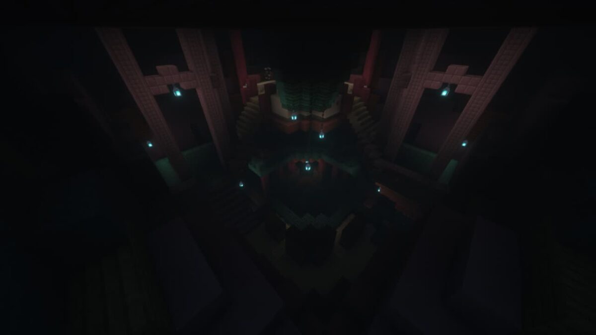Salle souterraine sombre avec escaliers et piliers, éclairée par des lanternes suspendues dans Minecraft, structure du mod When Dungeons Arise.