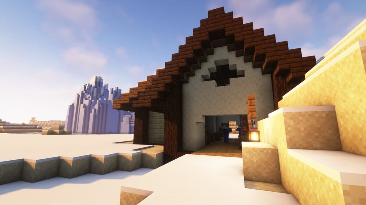 Cabane en bois sur terrain enneigé avec villageois à l’intérieur, structure du mod When Dungeons Arise pour Minecraft.