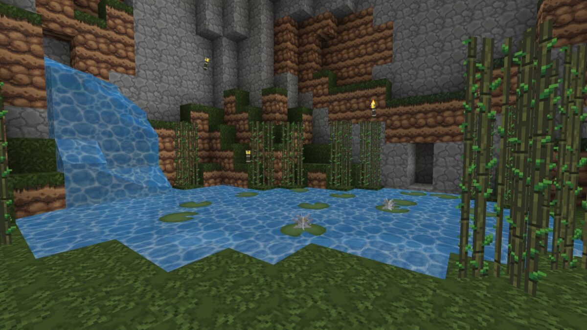 Étang naturel avec cascade, nénuphars et bambous dans Minecraft, affiché avec les textures du pack Gerudoku Faithful.