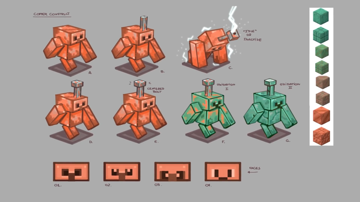 Croquis conceptuels du golem de cuivre avec ses différentes expressions, stades d’oxydation et apparences possibles dans Minecraft.