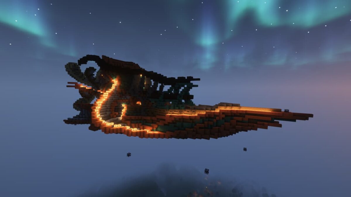 Navire volant stylisé illuminé par des blocs lumineux, flottant de nuit dans le ciel, structure du mod When Dungeons Arise.