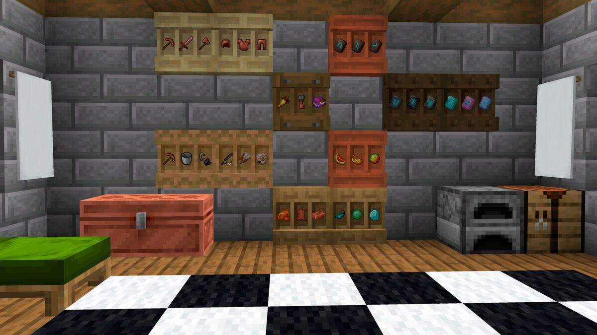 Pièce intérieure de Minecraft avec blocs d’étagères fixés au mur, affichant des ressources, outils, nourritures et objets divers à côté d’un lit et d’un fourneau.