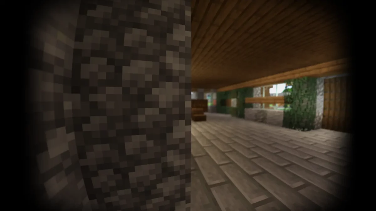 Effet de flou d’arrière-plan dans un couloir intérieur de Minecraft, simulé avec la profondeur de champ du shader Body Camera.