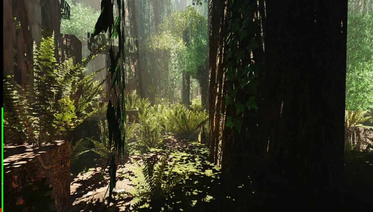Forêt dense dans Minecraft avec effets de lumière volumétrique et feuillage détaillé grâce au shader Arc.