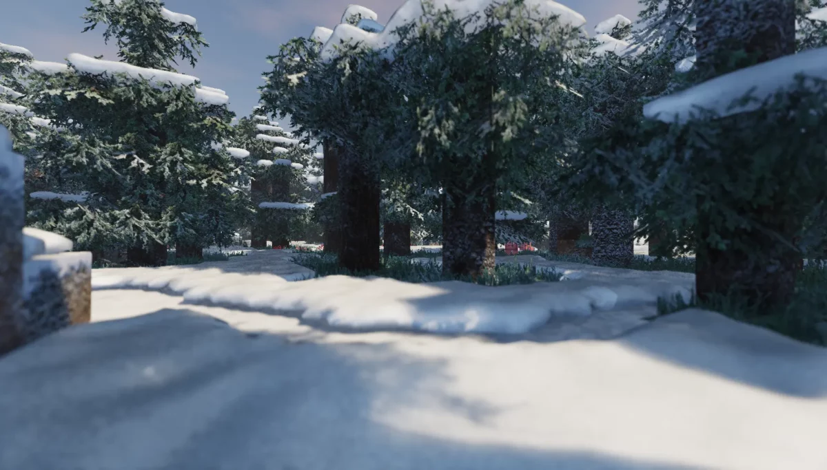 Forêt enneigée dans Minecraft avec ombrages réalistes et profondeur de champ activée via le shader Arc.