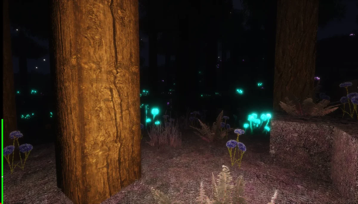 Forêt sombre dans Minecraft avec végétation bioluminescente illuminée par le shader Arc.