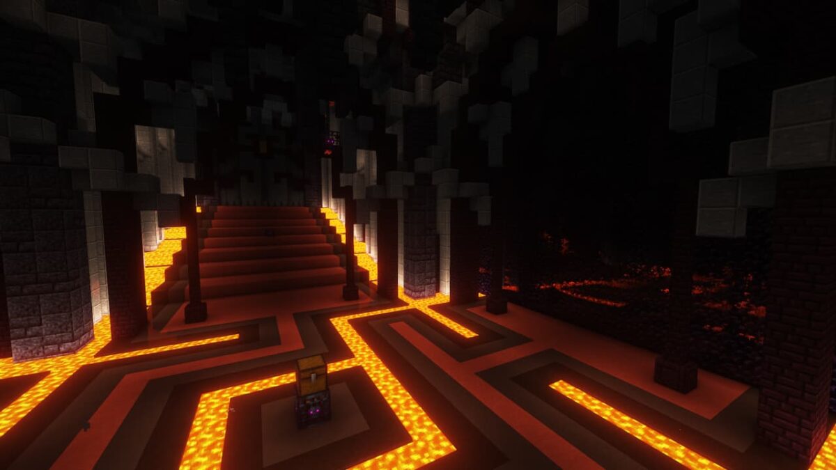 Salle souterraine rouge et noire entourée de lave, escalier central menant à une grande porte, structure du mod When Dungeons Arise.
