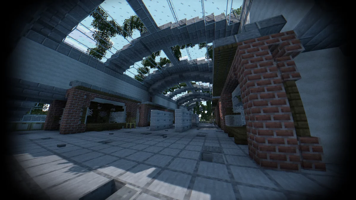 Hall industriel dans Minecraft éclairé par la lumière du jour, avec des ombres projetées nettes grâce au shader Body Camera.